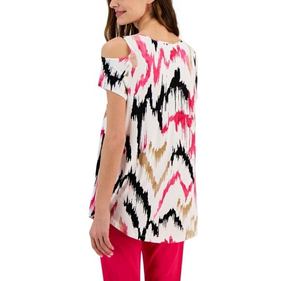 JM Collection Petite Medium Cold-Shoulder Pink, White & Black Printed Top NWT - Picture 3 of 6